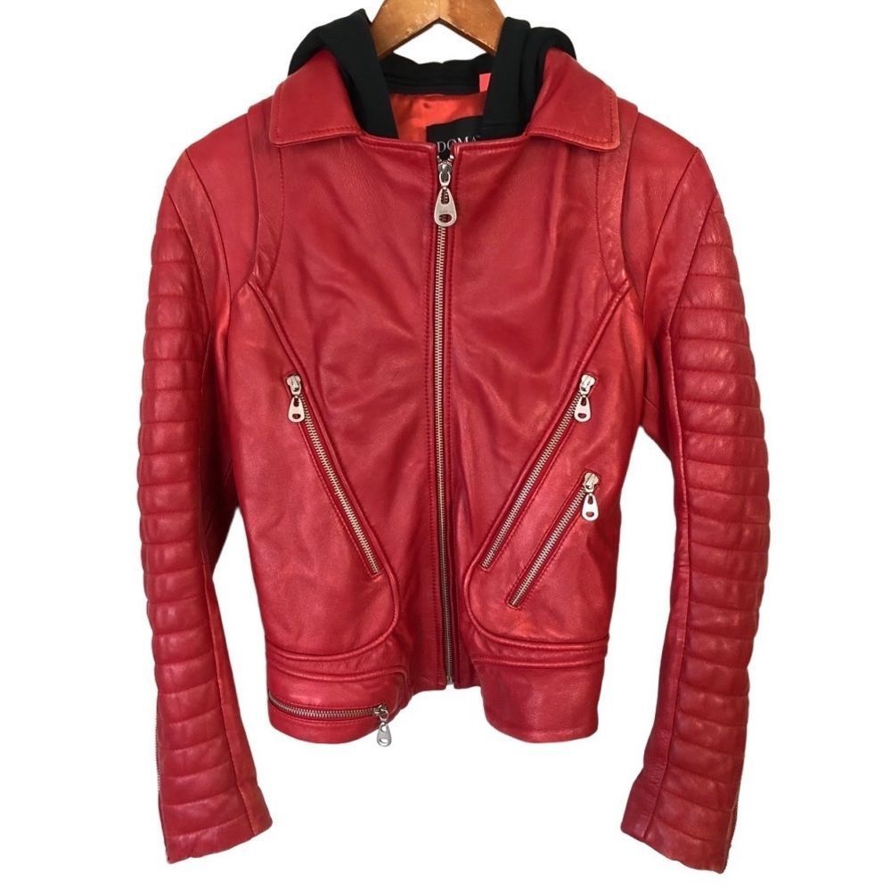 DOMA | Hooded Leather Jacket in Red